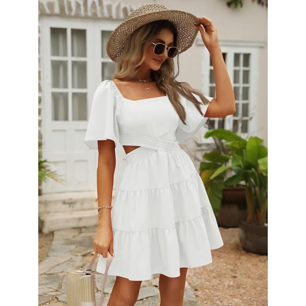 White Cutout Ruffle Mini Sundress S Rayon Smock Tier Flutter Boho Resort Bridal - Picture 9 of 11